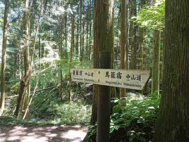 旧中山道。馬籠－妻籠間の看板。